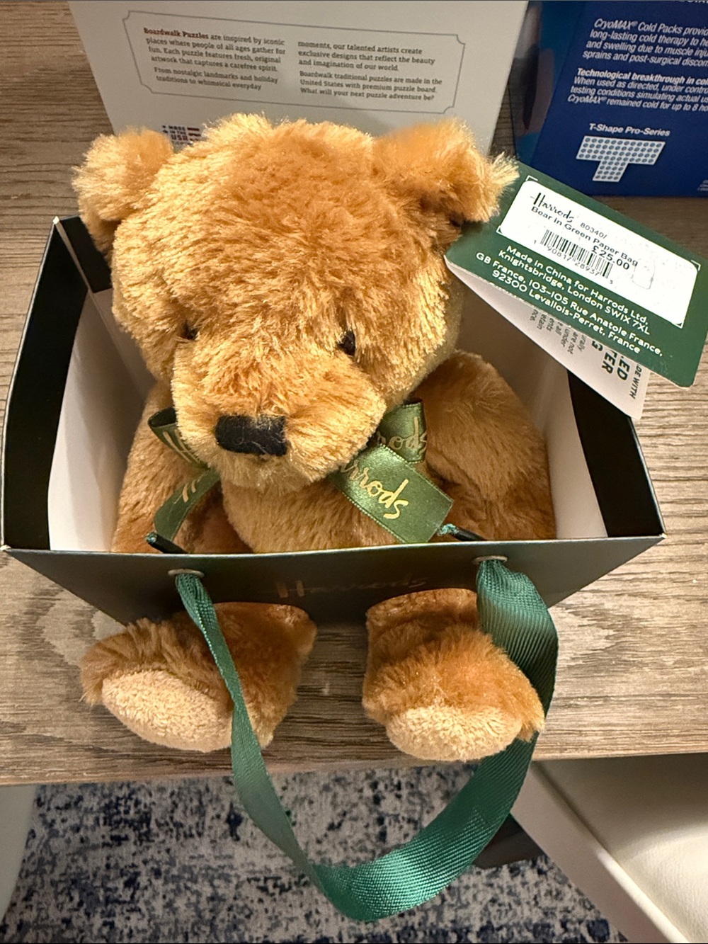 Harrods Brown Plush Teddy Bear with Green Ribbon Bow